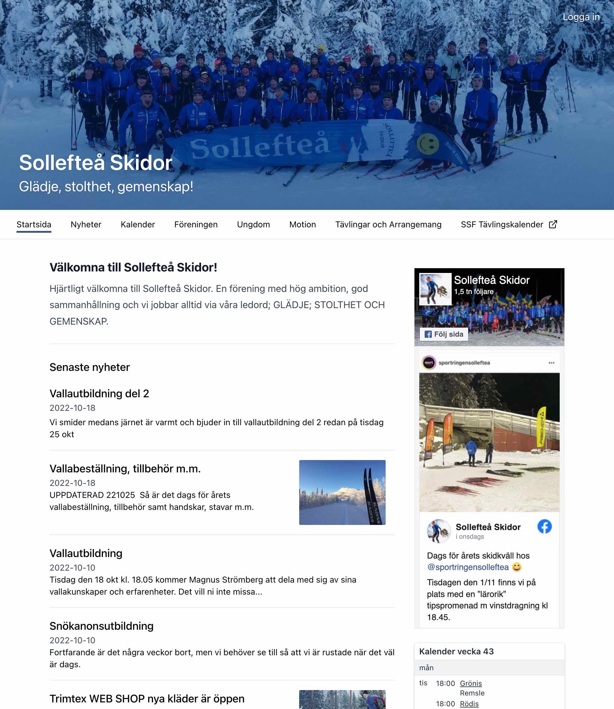 Skärmbild av Sollefteå Skidors nya hemsida