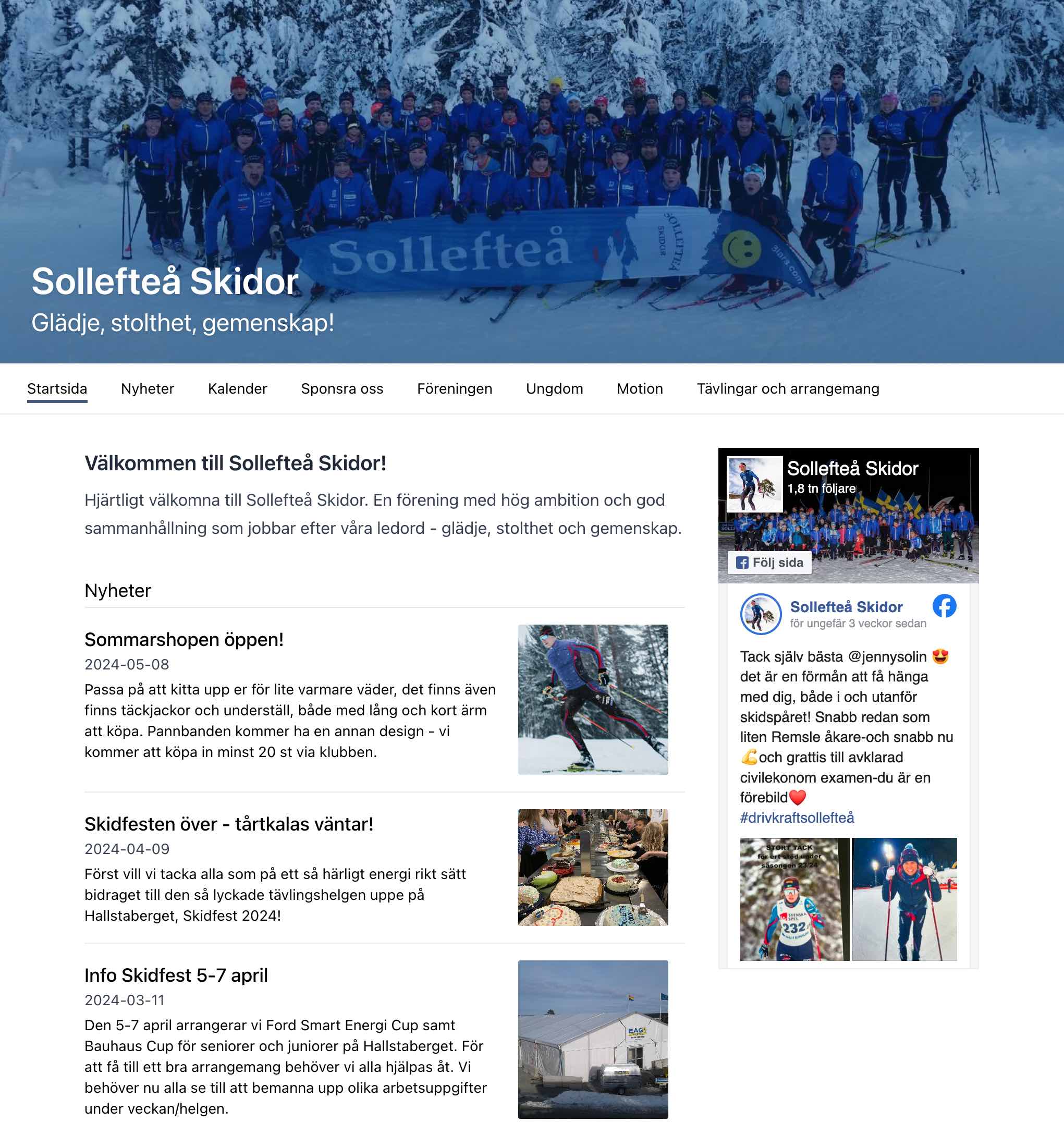 Skärmbild av Sollefteå Skidors nya hemsida
